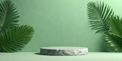 The primary subject of the image is a large, round stone or rock placed on a green surface. The setting appears to be a room with a green wall, and the visual style is a photo. The dominant colors in the image are green and white, creating a calm and serene atmosphere.